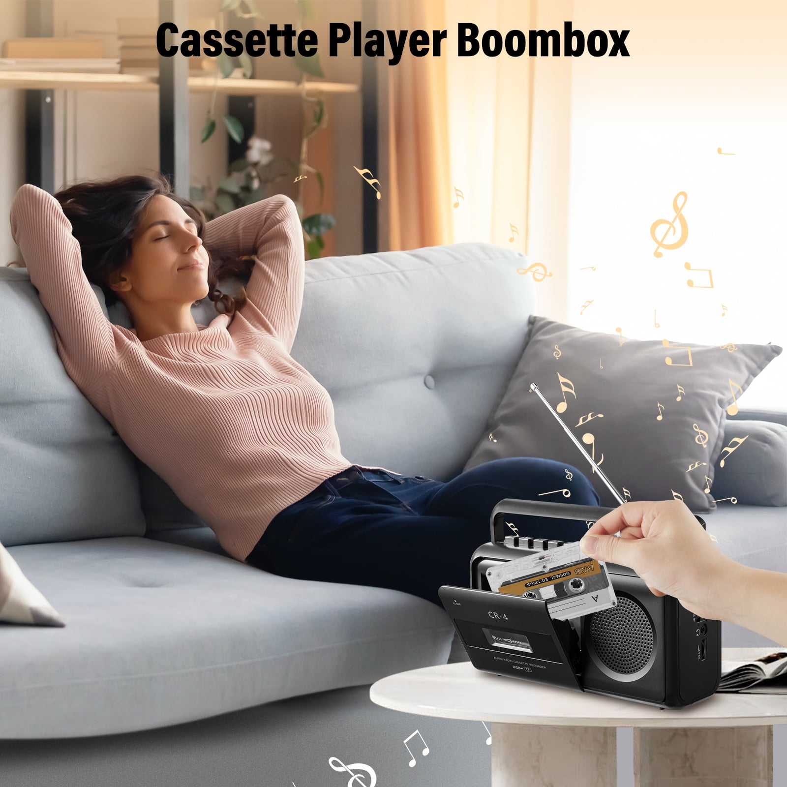 Portable Cassette Player Boombox AM/FM Radio Stereo, Casette Tape Player Recorder with Earphone Jack Battery Operated or AC Powered
