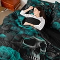 thumbnail image 4 of Homewish Gothic Skeleton Skull Bedding Comforter Set 7 Pieces, Green Rose Flower Full Bedding Set, Romantic Valentines Day Reversible Fitted Sheet Flat Sheet, Super Cozy Room Decor, 4 of 7