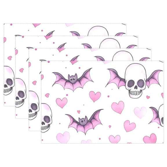 Ryvnso Placemats Set of 4 Skull Bats Hearts Dining Mats Heat-Resistant Non-Slip Washable Table Mat