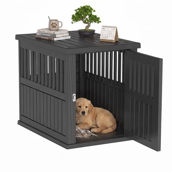 PLAYRANK All Weather Plastic Dog Kennel Crate, Vertical Slat Ventilated Pet House with Secure Latch, Sturdy Waterproof Dog Cage for Patio & Indoor Use,Black/Gray