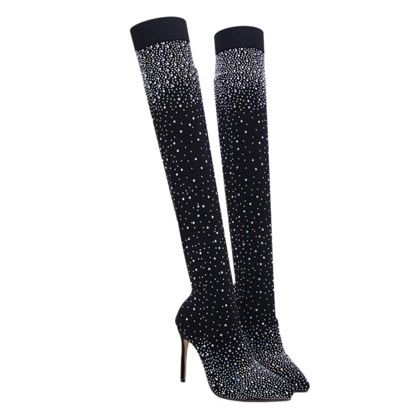 GOOHOCHY Botas de tacón alto por encima de la rodilla Stiletto Botas de diamantes brillantes Botas elásticas de diamantes de imitación para mujer (Negro Tamaño 38 EU38 US9 UK4.5)