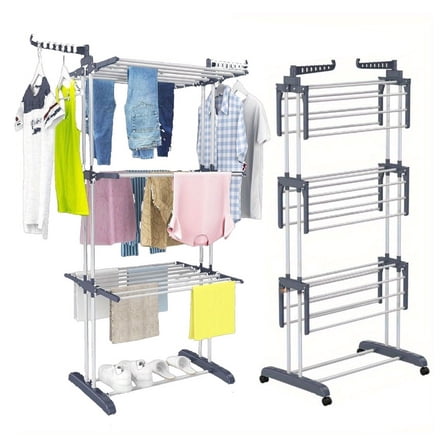 Clothes Drying Rack 4 Tier - 67.7in Heavy Duty Laundry Rack - Foldable Stainless Steel Drying Rack with Wheels - Indoor Outdoor Clothes Airer - Gray
