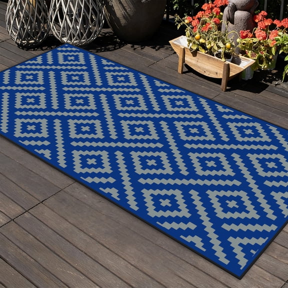 Uxcell 1-Pack Outdoor Rug, 4.6' x 2.3' Area Rug Polyester Outside Carpet for Patio/Porch/Balcony/Camping [Grey/Blue]