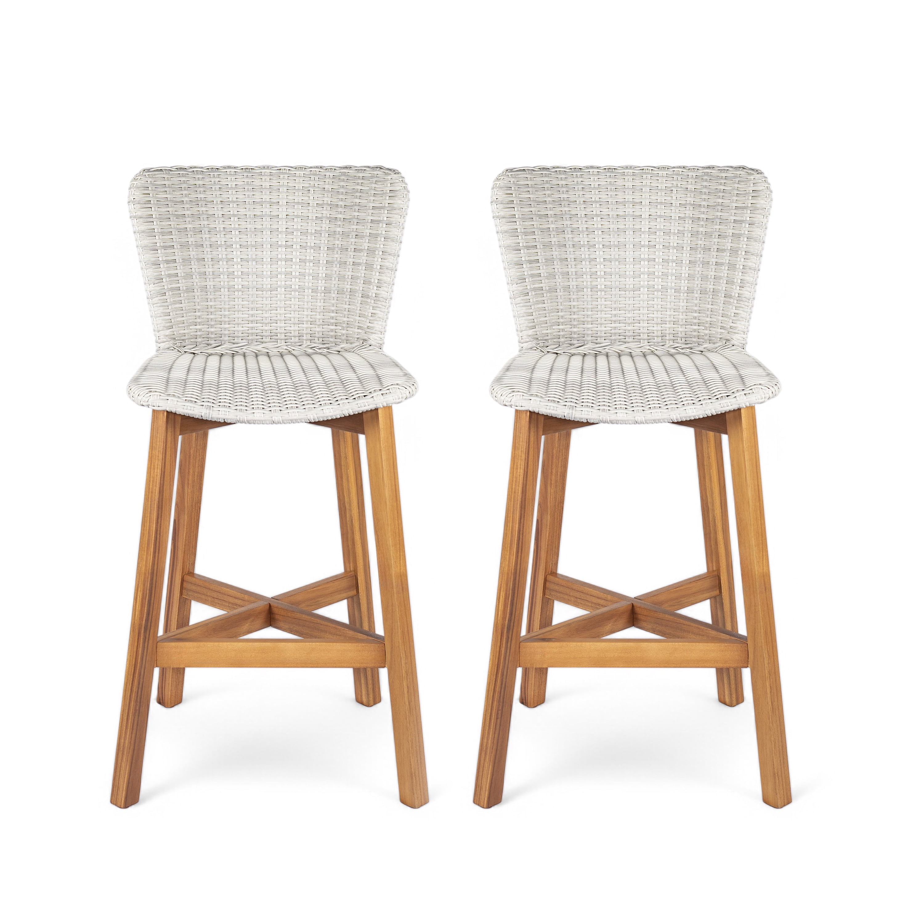 Outdoor Wood Wicker Bar Stools Set of 2 for Patio Bar, Teak