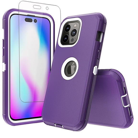 NIFFPD iPhone 14 Pro Case with Screen Protector, Heavy Duty Hard Shockproof Protective Phone Case for iPhone 14 Pro 6.1" Purple White