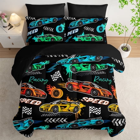 7Pcs Black Cartoon Sports Car Comforter Queen Size with Sheets Fast and Furious Extreme Sport Race Car Bedding for Teens Boys Room Decor.