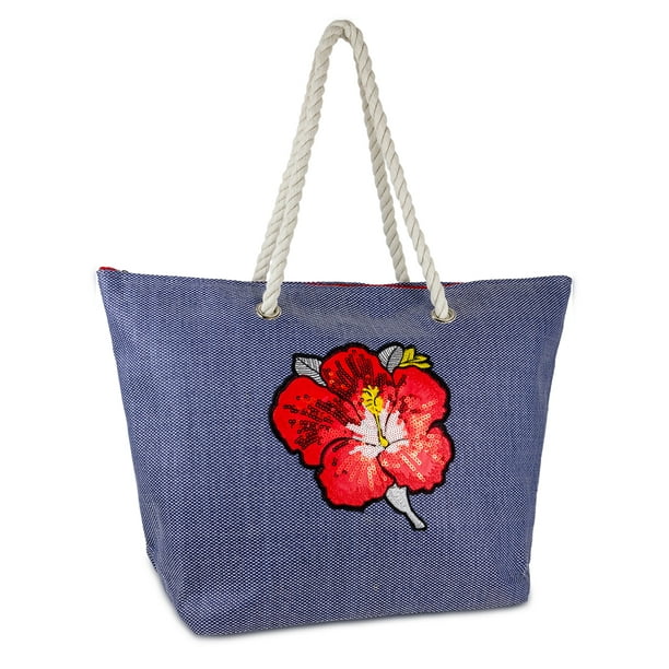 Magid WOMEN'S STRAW BEACH TOTE WITH SEQUIN FLOWER PATCH