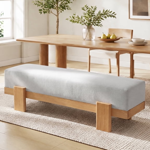 Haverchair Long Solid Wood Upholstered Bedroom Bench, Rectangular 56.7" Heavy Duty Footstool 660lbs End of Bed Shoe Benchs, Thick 8.1" Linen Cushion Ottoman Padded Bench for Entryway, Dining Room
