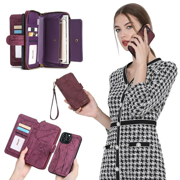 Allytech iPhne 15 Pro Max Wallet Case, Detachable Back Cover Slim Fit Zipper Pocket Cards Slots Large Space Purse Wallet Case Cover for Apple iPhone 15 Pro Max 6.7" - Winered