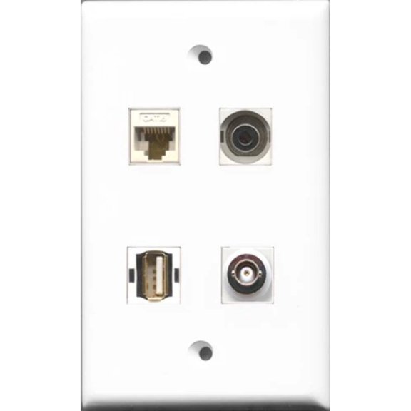 RiteAV 1 Port USB A-A and 1 Port 3.5mm and 1 Port BNC and 1 Port Cat6 Ethernet White Wall Plate