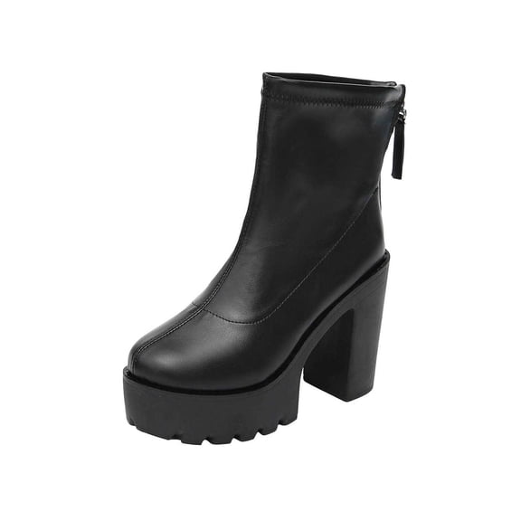 R-433 Black Plus Size Womens Back Zipper Ankle Boots Chunky Heel On Slip On Comfortable Short Booties For Women