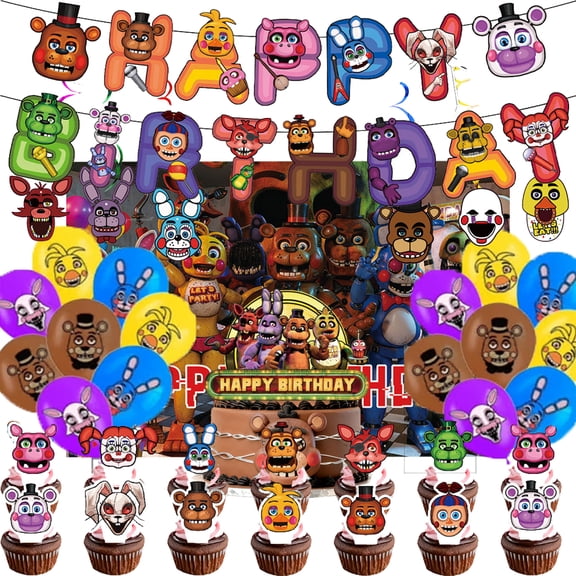 5 Night Cartoon Birthday Party Decorations Security Breach - Glamrock Fred Banner, Cake Cupcake Topper, Balloons for for Kids and Adults