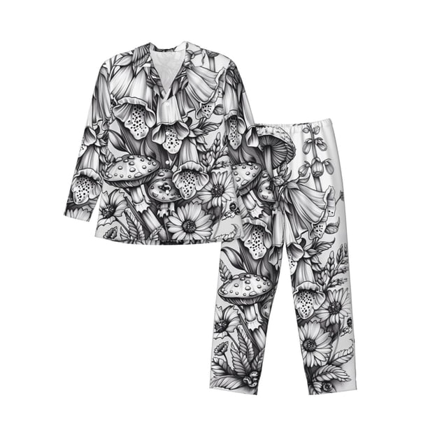 Balery Monochrome Botanical Illustration Pijama para Hombre de Dos Piezas con Manga Larga, Conjunto de Dormir y Descanso Suave con Bolsillos-XX-Large
