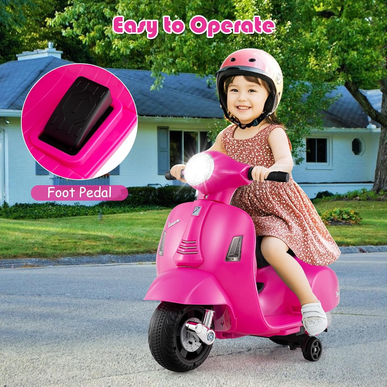 Licensed Vespa Kids Motorcycle by OLAKIDS, 6V Battery Powered Motorbike for Toddlers with Training Wheels, Horn, LED Lights, Electric Ride on Toys for Boys Girls Aged 18-36 Months