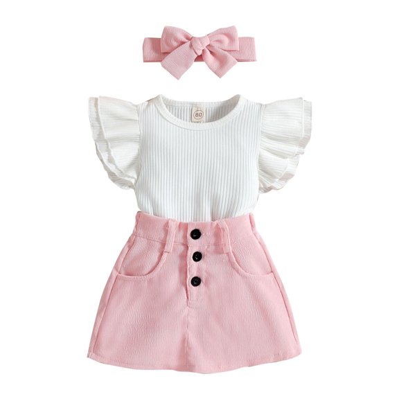 Baby Girl Clothes Toddler Summer Outfits Set Ruffle Sleeve T-Shirt Tops Button Shorts with Hairband 1 to 4 Years