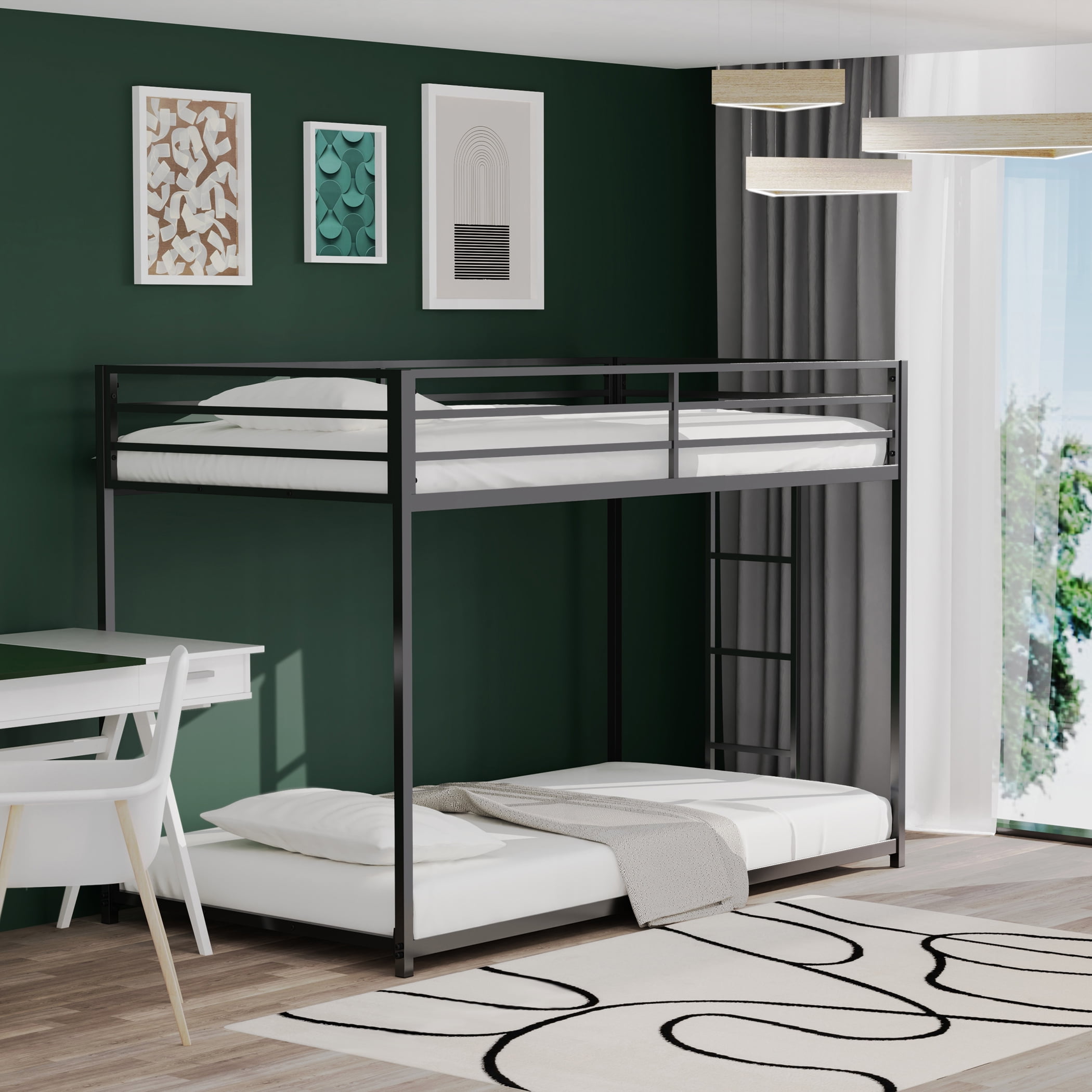 Miniyam Twin over Twin Metal Bunk Bed with Side Ladder for Kids and Teens, Black