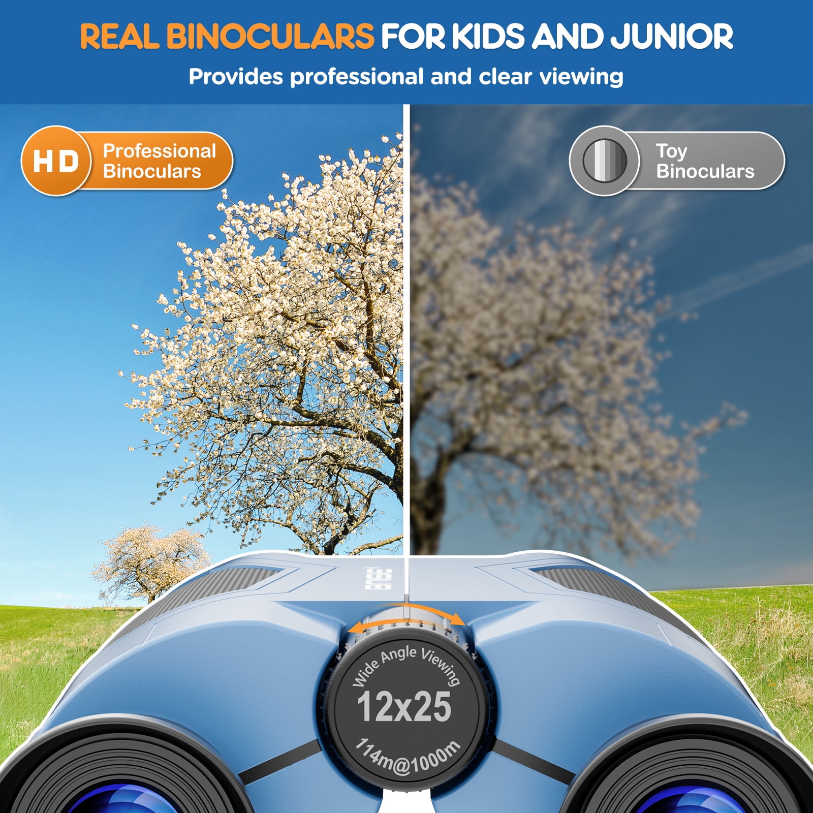 BNISE 10x25 Compact Binoculars for Adults and Kids- Small Binoculars for Travel Bird Watching Waterproof/Easy Focus/High Powered/ Low Light Vision-Blue