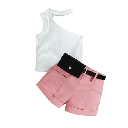 

KmaiSchai Girl Snowsuit Summer Toddler Girls Sleeveless Ribbed Vest Off Shoulder Tops And Shorts Belt Waist Bag Outfits New Born Girl Outfits For Pics Teens Two Piece Toddler Girl Skirt Set Mus