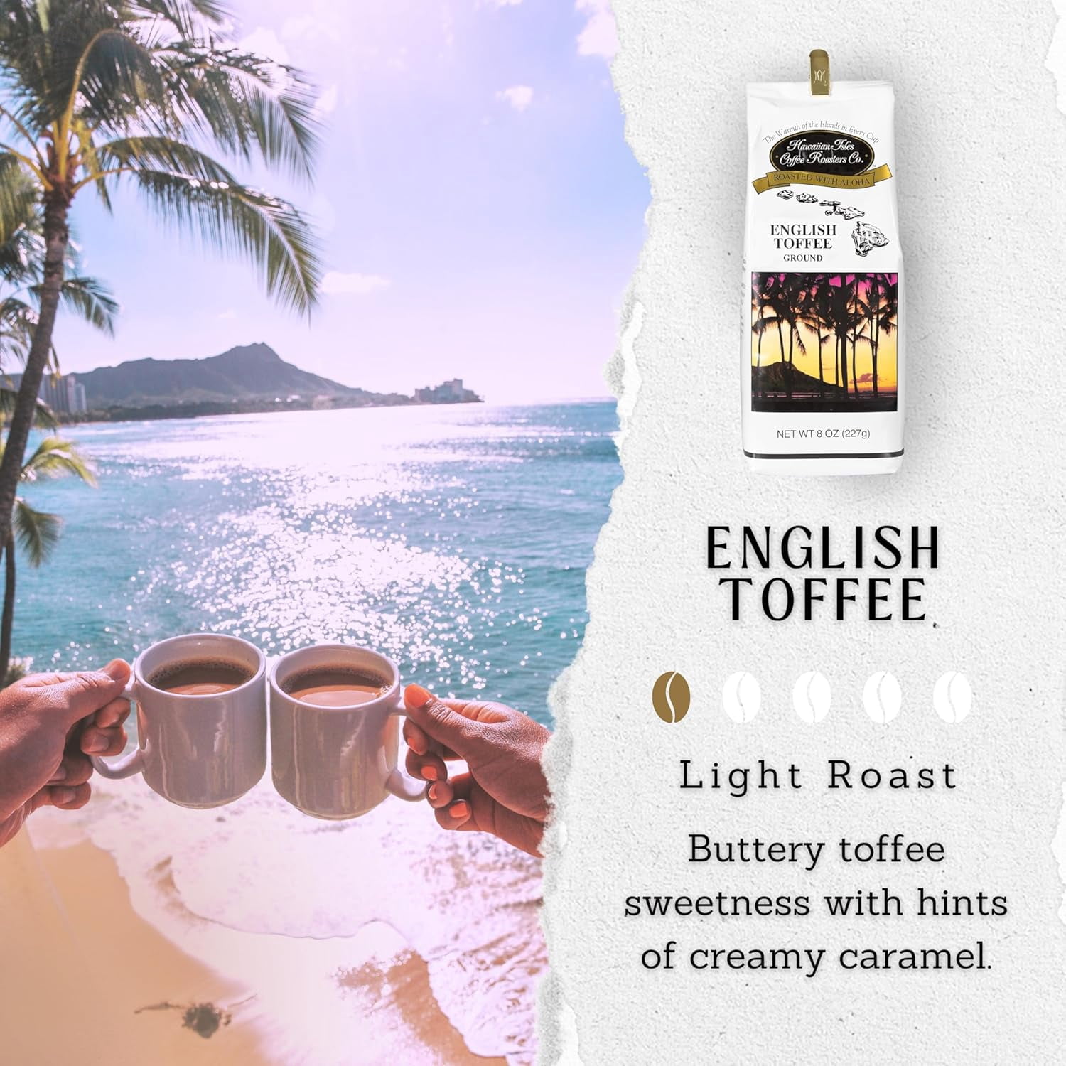 Hawaiian Isles Coffee Light Roast Ground Coffee, Toffee Ground Flavored, 8 oz