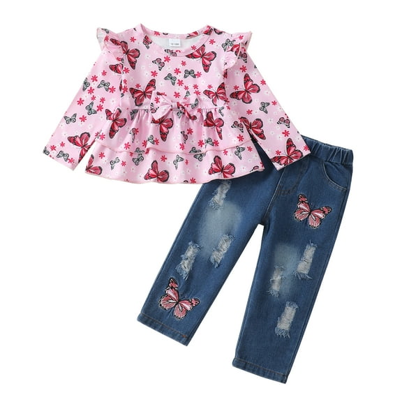 12 Months Baby Girls Clothes 18 Months Girls Fall Winter Pant Set Toddler Girls Long Sleeve Round Neckline Butterfly Print Top Jeans Pants 2PCS Outfits Set Pink