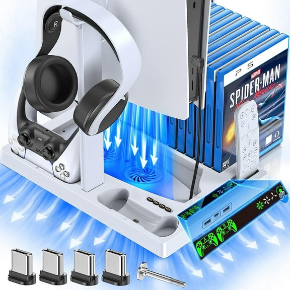 Cooling Stand with Controller Charger for PlayStation 5 Console with 3-Level Speeds Cooling Fan, Gamepad Charging Docking Station with 15 Games Organizer & Headset Holder-White