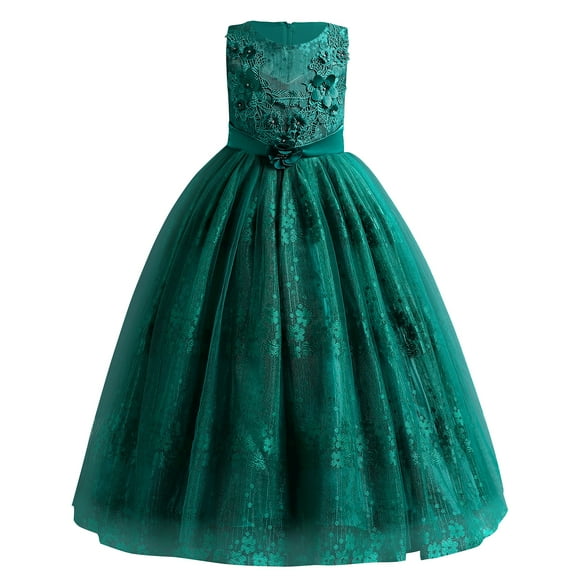 IBTOM CASTLE Girls Flower Vintage Lace Princess Long Dress for Kids Tulle Pageant Formal Party Wedding Floor Dance Evening Gown 12-13 Years Green