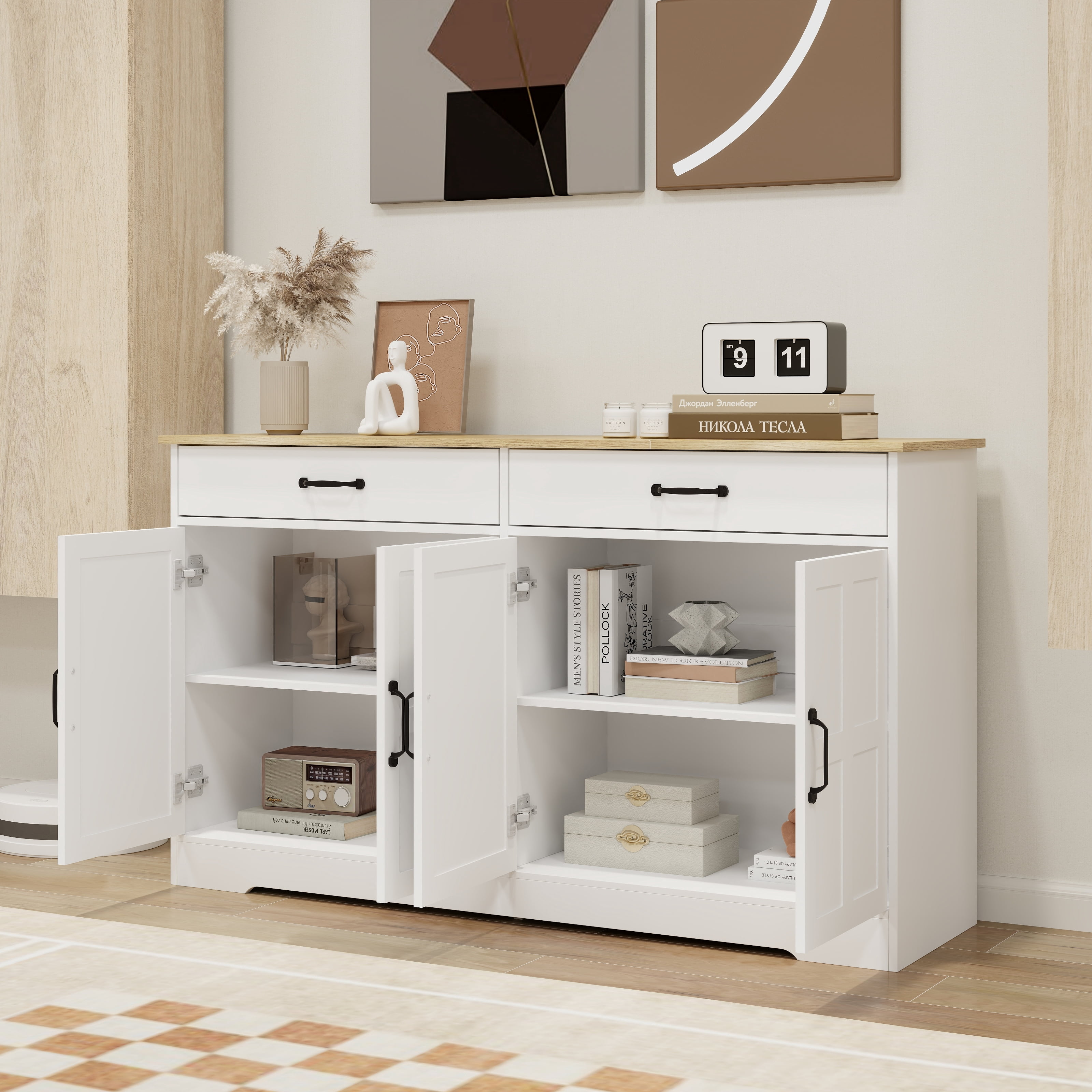 Prilinex 56" Buffet Cabinet with Storage, Large Kitchen Storage Sideboard with 2 Drawers & 4 Doors, Modern Wood Farmhouse Coffee Bar Cabinet, Buffet Table for Kitchen, Dining Room, Living Room, White