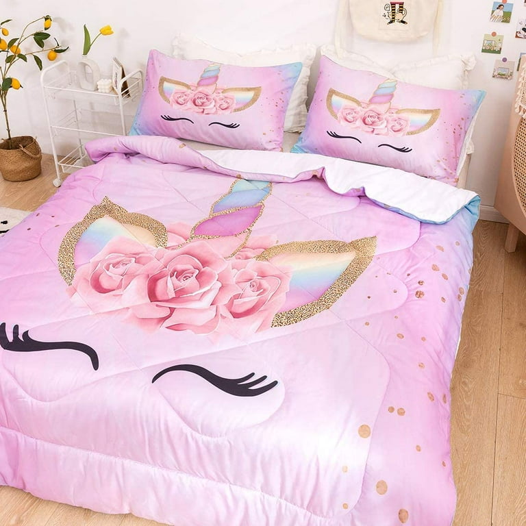 Magical Unicorn Flower Girl Pink Comforter Sets 3 Piece 3D Cartoon