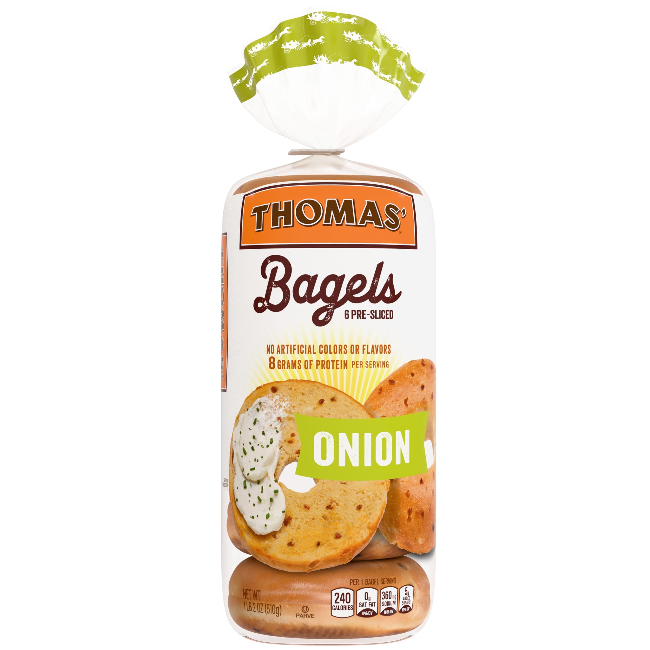 Thomas' Onion Bagels, 6 Count, 9g Protein, Kosher Bagels, 20 oz Bag