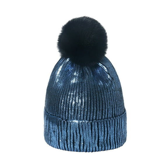 Alkepwun Beanies Hats Men Faux Fur Pom Pom Glitter Metallic Beanie Hat Warm Soft Winter Knit Hat Stretchy Cuffed Skull Cap for Christmas Party