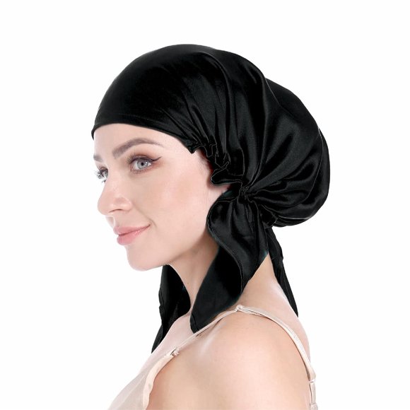 100% Silk Bonnet for Sleeping, Hair Bonnet with Tie Band, Large Silk Sleep Bonnet for Curly Hair, Silk Hair Wrap for Hair Care (Black)