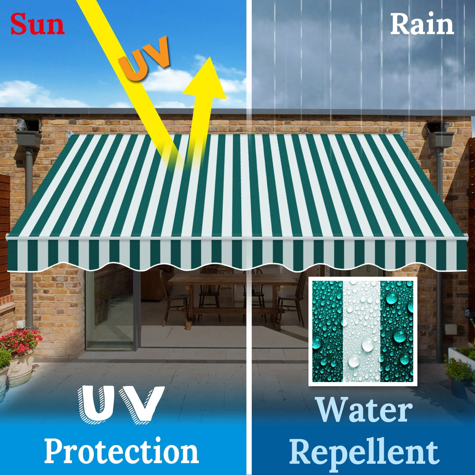 SUNNYOUTDOOR 8x6.5 FT Patio Awning Retractable Outdoor Sun Shade Manual Patio Deck Awning Heavy Duty Awning (Green with white)