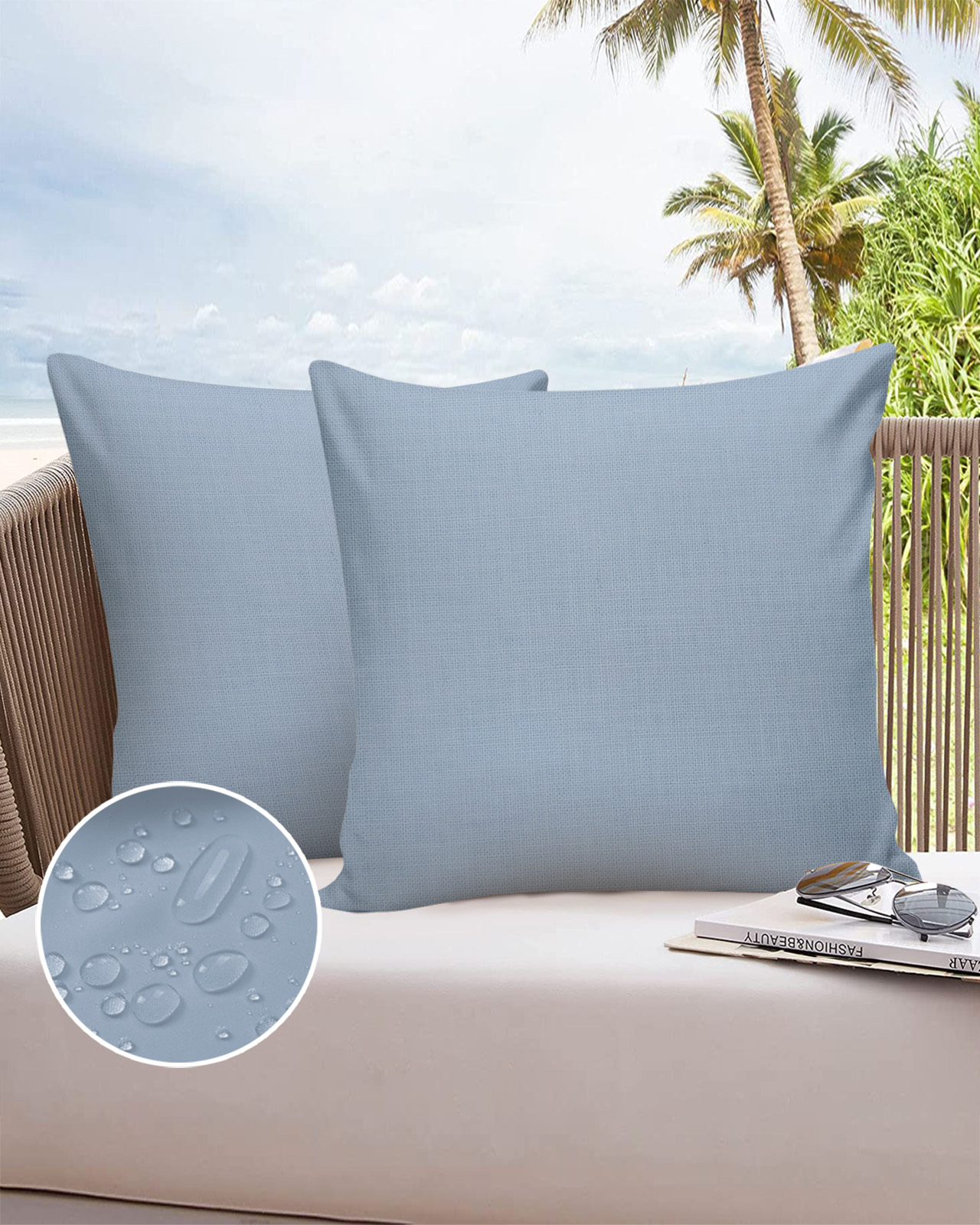 Pack of 2 Outdoor Pillow Covers, Solid Color Light Blue Waterproof Square Throw Pillowcase Cushion Decorative Pillow Covers for Couch Patio Tent, 20x20 in