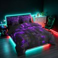 thumbnail image 2 of Manfei 3D Hexagon Neon Light Queen Bedding, Purple Glowing Cube Bedding Comforter Set Queen, Purple Black, Black Reversible 7-Piece, 2 of 6