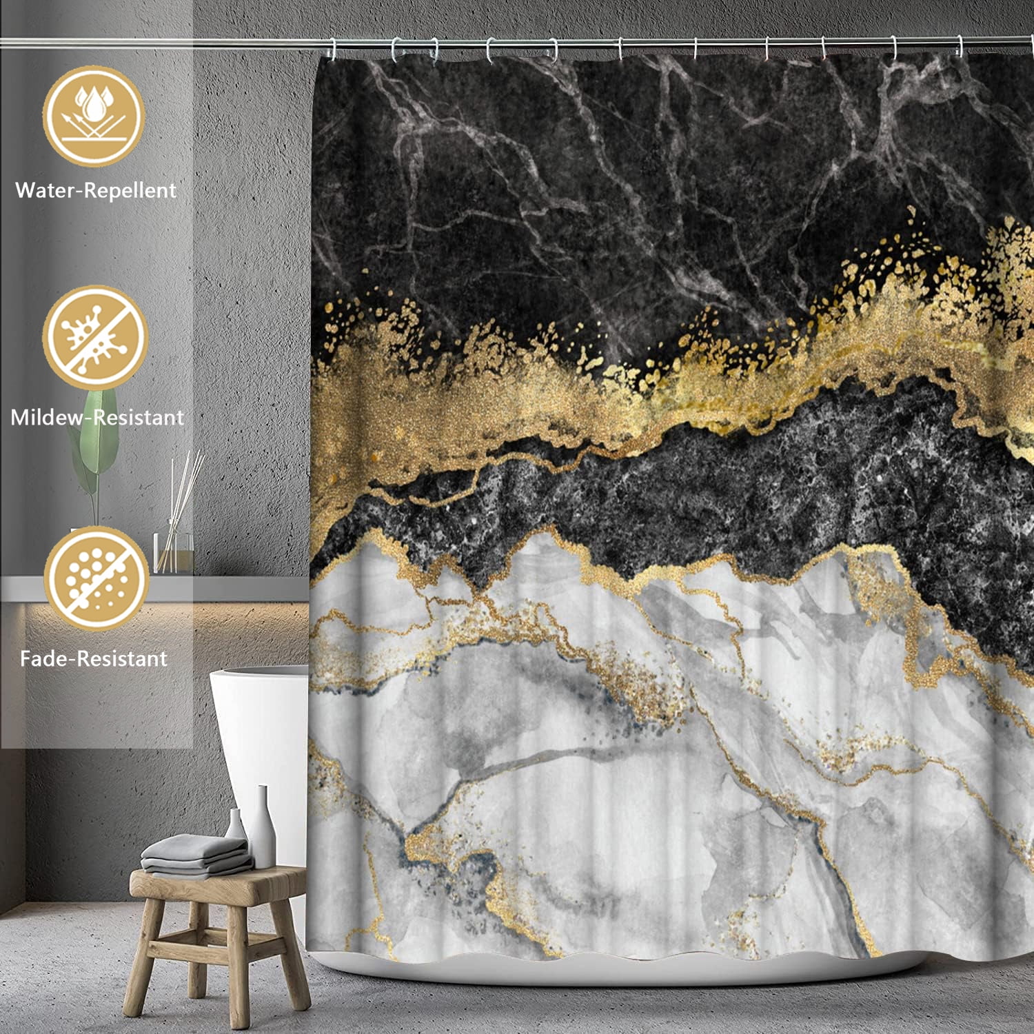 FRAMICS Black Gold Marble Shower Curtain Sets with Rugs, 16 Pc Modern Abstract Bathroom Sets, Waterproof Fabric Bathroom Curtain Decor with Hooks