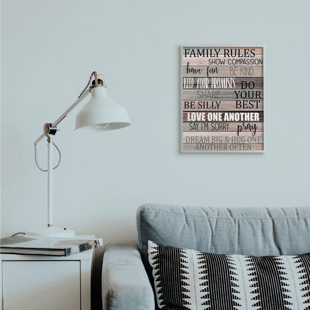 Stupell Industries Family Rules Text Fun Wood Grain Rustic Tan Teal Framed Wall Art Design by Kim Allen, 16" x 20", Gray Framed