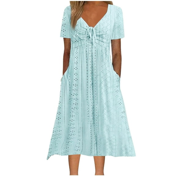 Summer Plus Size Beach Dresses for Womens 2025 Fashion Casual Solid Color Short Sleeved V-neck Tie Waist Pocket Dress