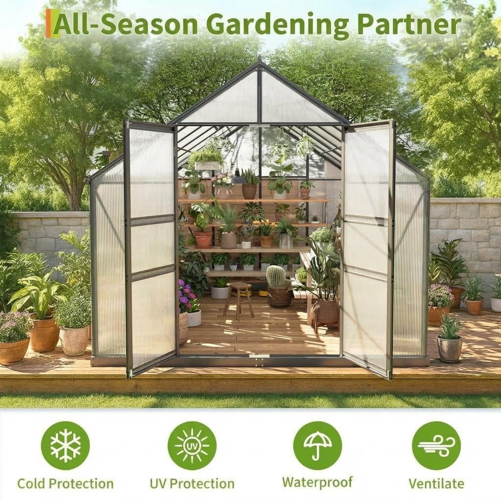 12x8ft Heavy Duty Walk-in Greenhouse, Aluminum Frame & Twin Wall Polycarbonate Panels, Ventilated with Rain Gutter System for Backyard & Patio Gardening