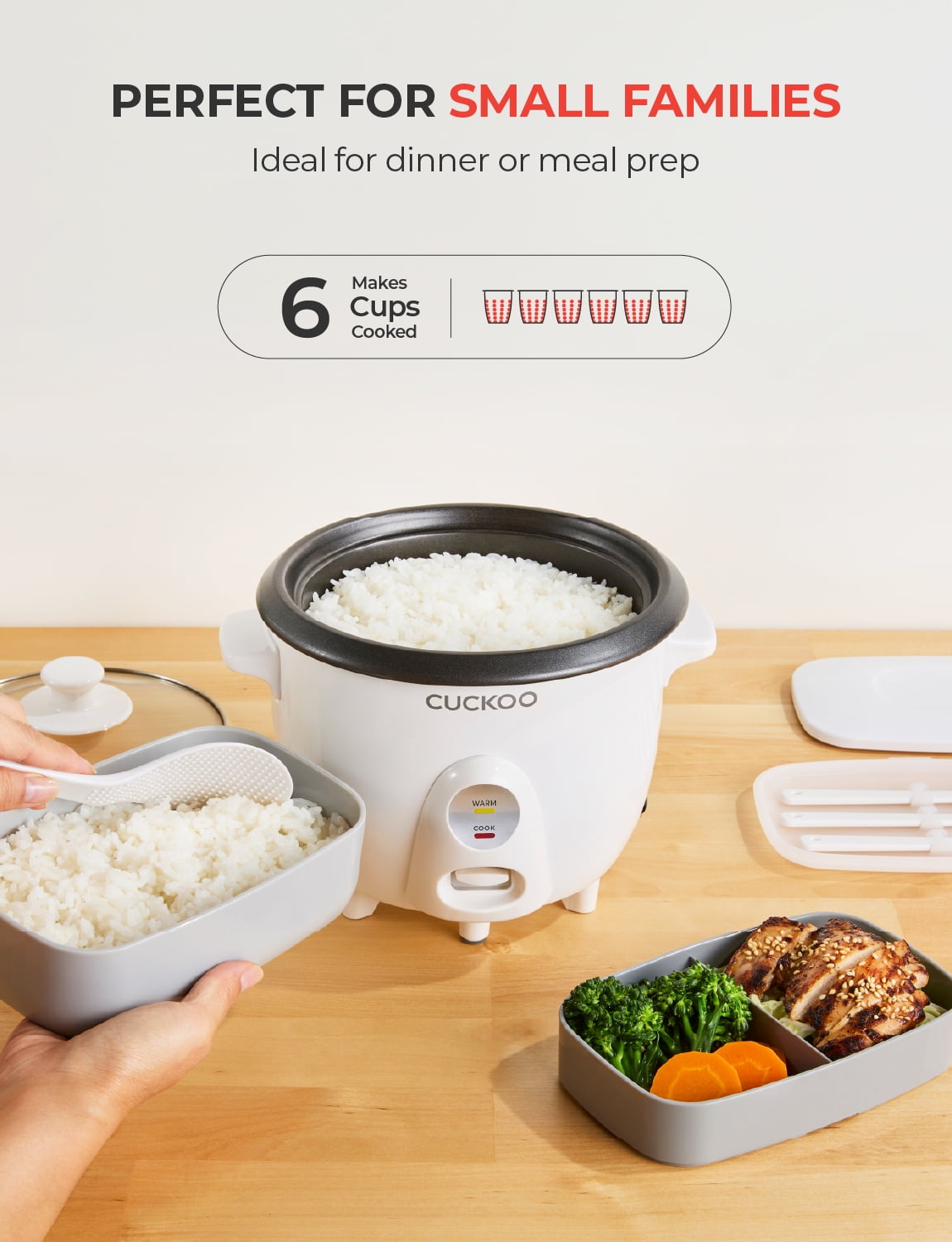 CUCKOO One Touch Rice Cooker 3-Cup (Uncooked) / 6-Cup (Cooked), Mini Rice Cooker & Warmer with Steamer Tray, Versatile Grain Cooker, Soup Maker, Auto Keep Warm, White (CR-0301C)