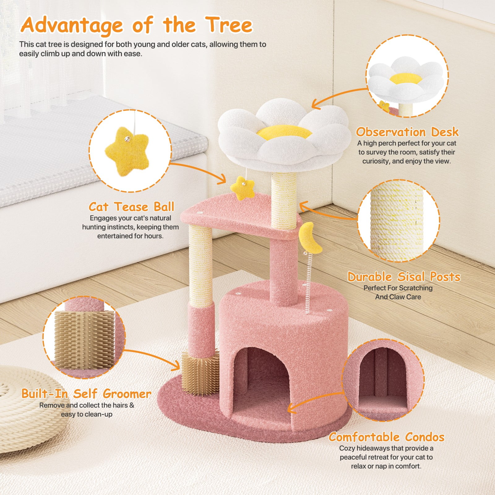 OSM 33-inch Floral Cat Tree for Indoor Cats, Compact Cat Tower with Scratching Posts, Cozy Condo, Flower Perch & Dangling Toys for Kittens & Small Cats, Pink