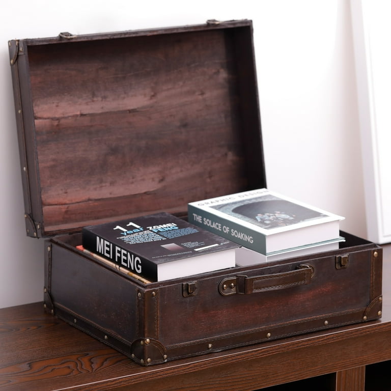 Vintage Style Brown Wooden Suitcase with Leather Trim