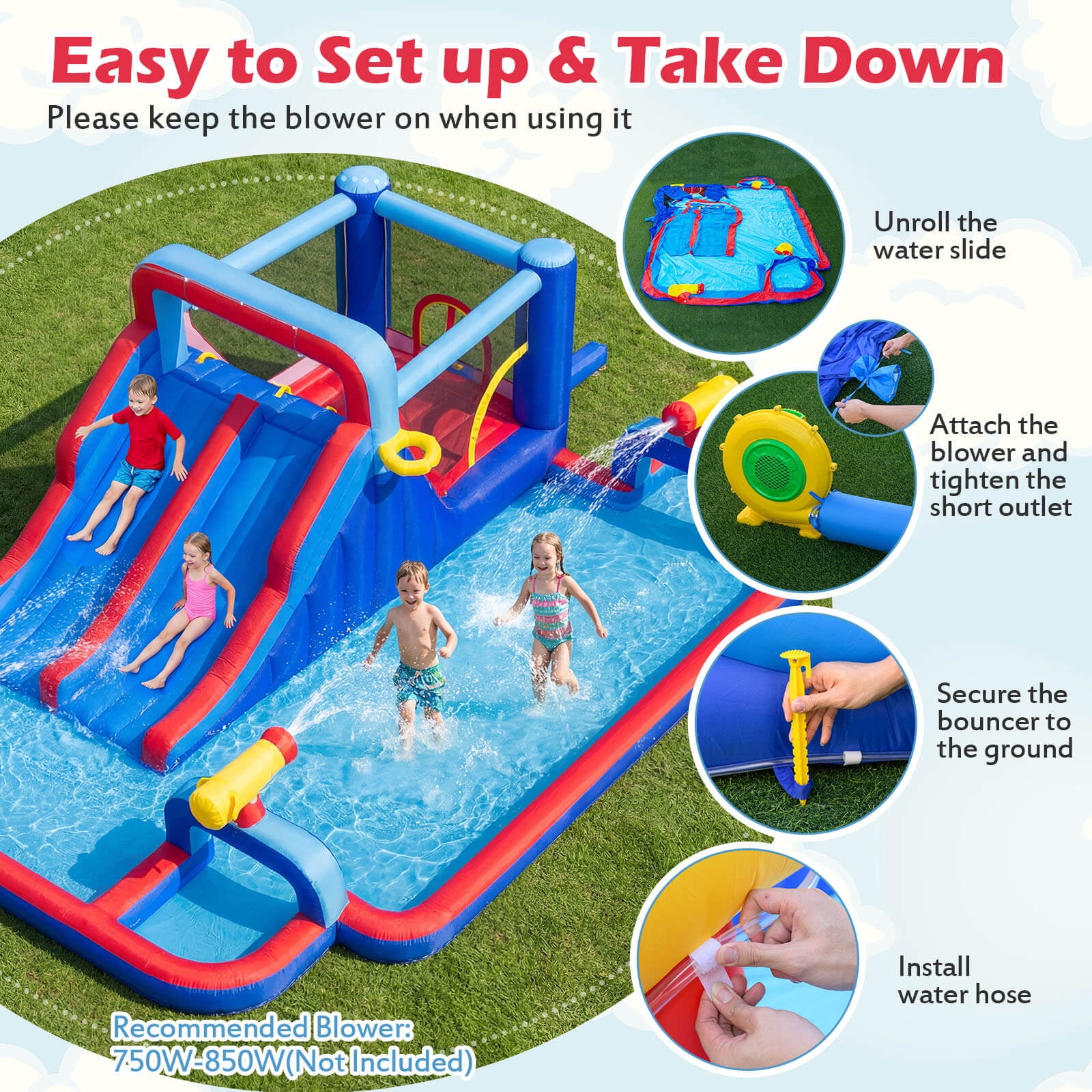 Costway Inflatable Water Slide Park Kids Bounce House Splash Pool without Blower
