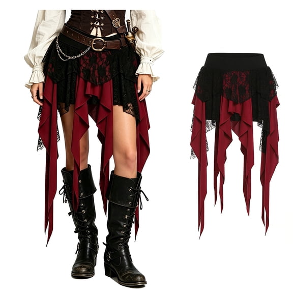 Women Pirate Skirt High Waist Ruffled Skirt Midi Skirt Pirate Costume Halloween Cosplay Halloween Costume, Size L