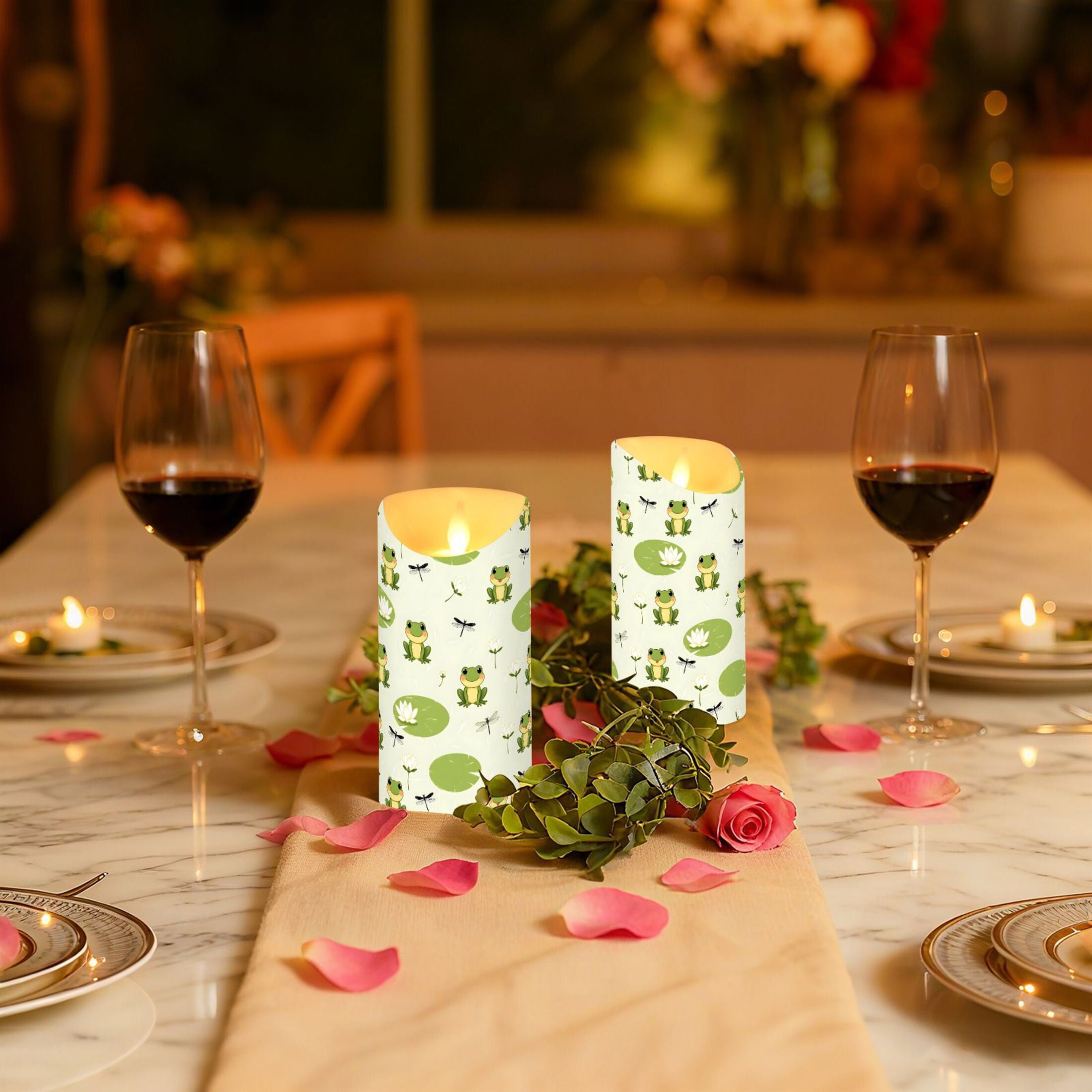 Frog Dragonfly Lotus Flower Flameless Candles 2 PCS with Remote Realistic Moving Flame LED Tapered Pillar Set for Home Decor