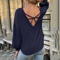 thumbnail image 3 of Women's Casual Tops Solid Color O-neck Hollow Back Blouse Long Puff Sleeves Dressy Waffle Knit Sweater Shirts(M,Navy), 3 of 5