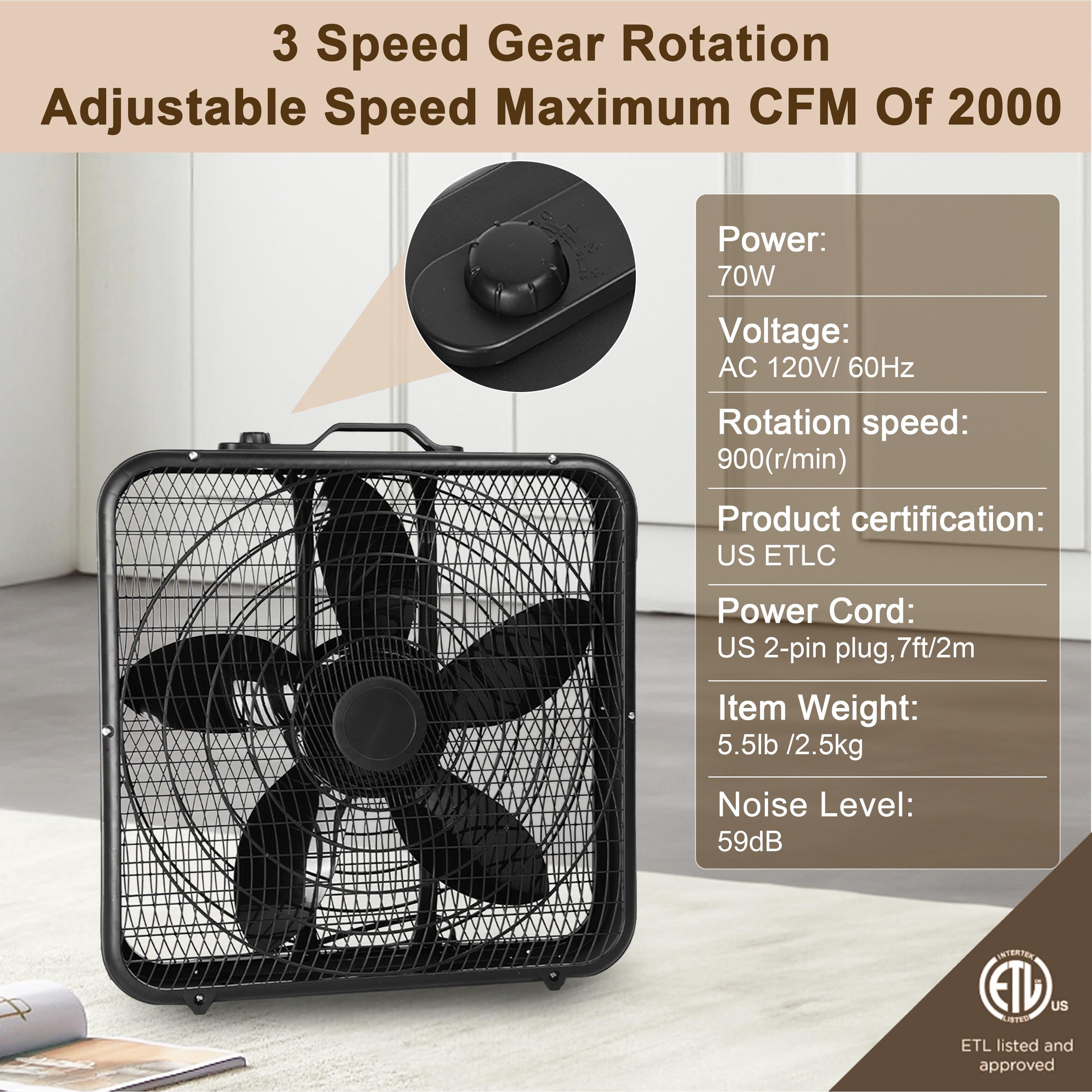 Avobird 20 Inch Classic Box Fan with Carry Handle for bedroom, 3 Quite Speeds 2000CFM Powerful Airflow, Floor Fan for Office & Living Room(Black)