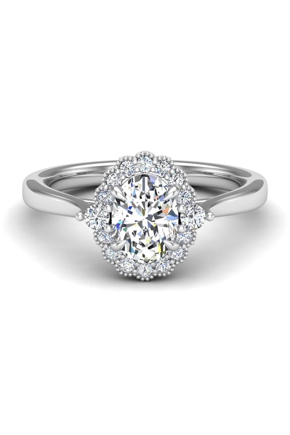1.38 Ct Oval Cut Diamond Engagement Ring - Rich 14K White Gold Plated Setting - Finely Crafted Solitaire with Halo Accents - Engagement & Special Occasion Gift
