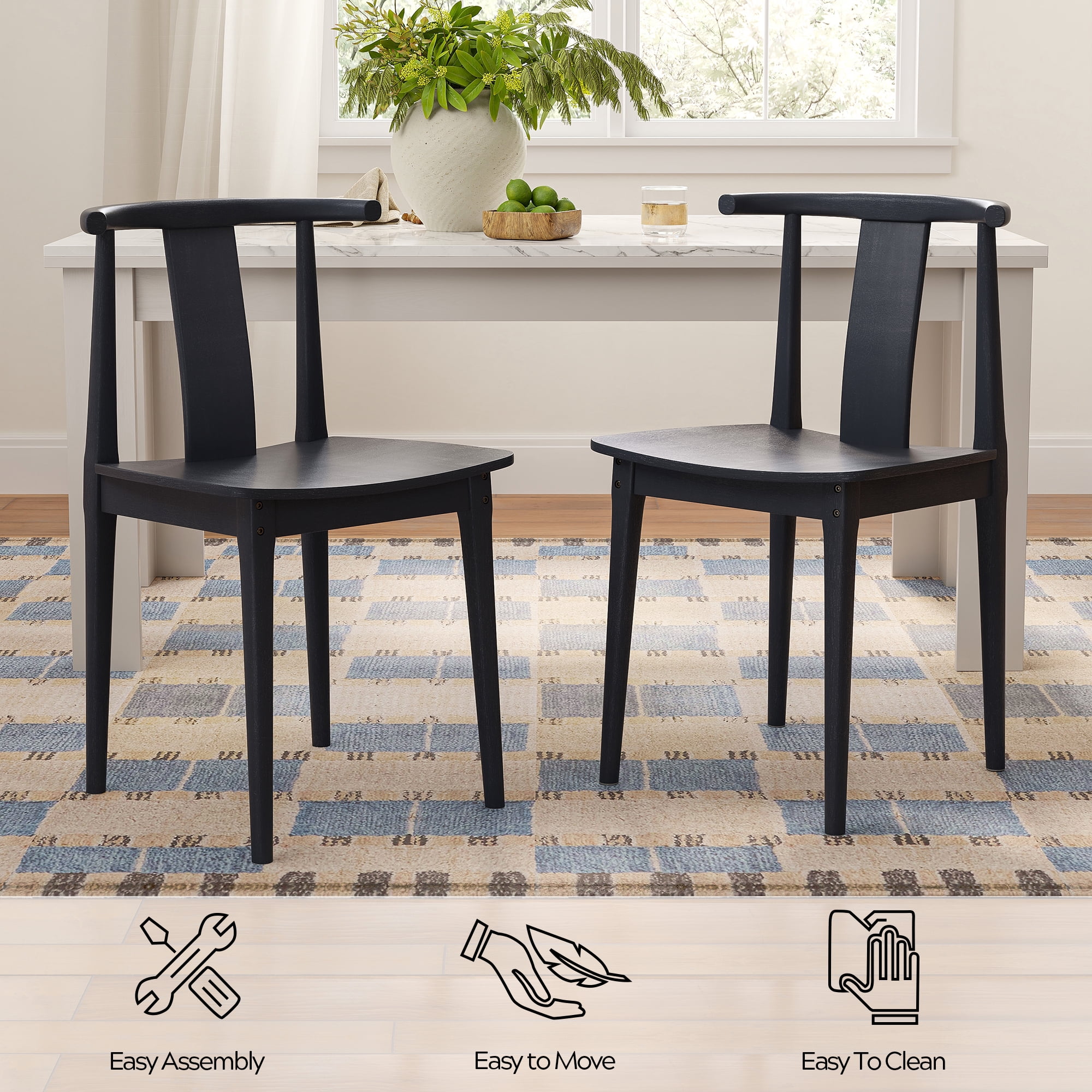 EYYTHUNG Wood Dining Chairs Set of 2, Farmhouse Kitchen Chairs with Curved Back Mid Century Wishbone Dining Chairs, Black