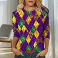 thumbnail image 3 of Visit the JURANMO Store Womens Three Quarter Sleeve T Shirts Carnival Mask Printed Mardi Gras Tee Shirt Novelty Graphic Fashion Tunic Tops Purple XL, 3 of 6