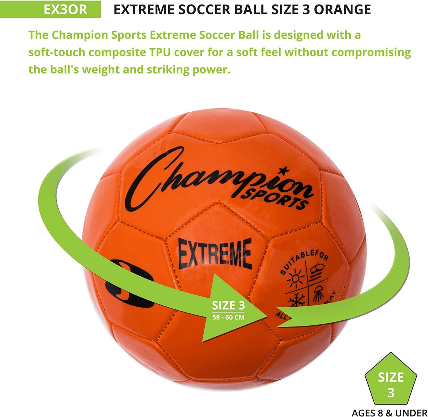 Champion Sports Extreme Series Soccer Ball, Size 3 - Youth League, All Weather, Soft Touch, Maximum Air Retention - Competitive and Recreational Futbol Games, Orange